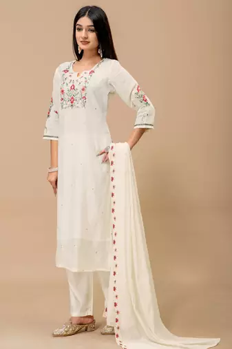 Off white color roman silk fabric ethnic partywear suit for trendy girls