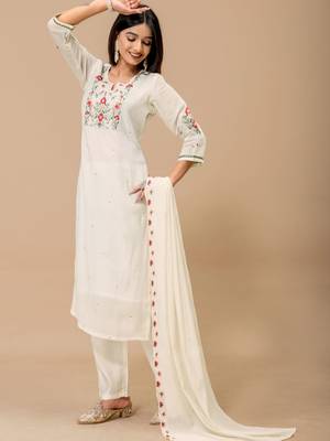 Off white color roman silk fabric ethnic partywear suit for trendy girls 5