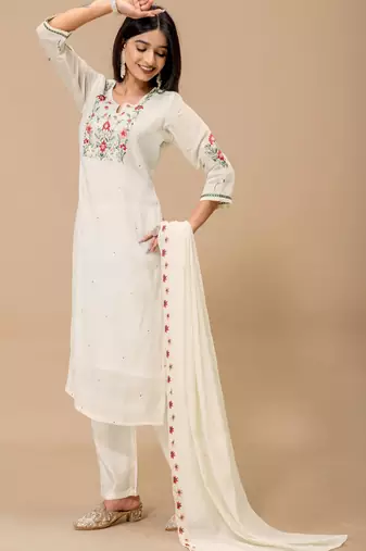 Off white color roman silk fabric ethnic partywear suit for trendy girls