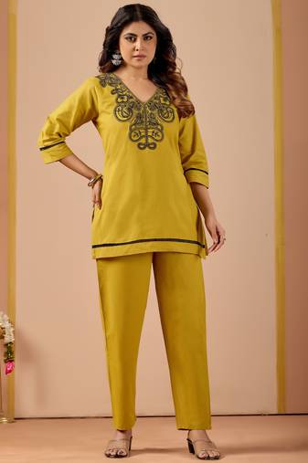 Mustard color cotton flex fabric designer cord set for casual girlie looks