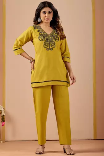 Mustard color cotton flex fabric designer cord set for casual girlie looks