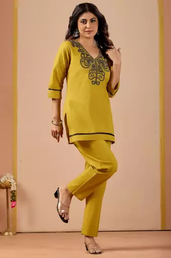 Mustard color cotton flex fabric designer cord set for casual girlie looks