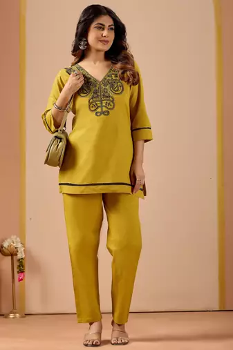 Mustard color cotton flex fabric designer cord set for casual girlie looks