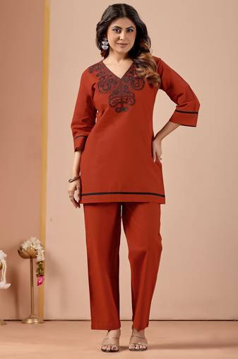 Rust color cotton flex fabric designer cord set for casual girlie looks