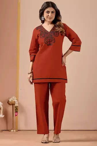 Rust color cotton flex fabric designer cord set for casual girlie looks
