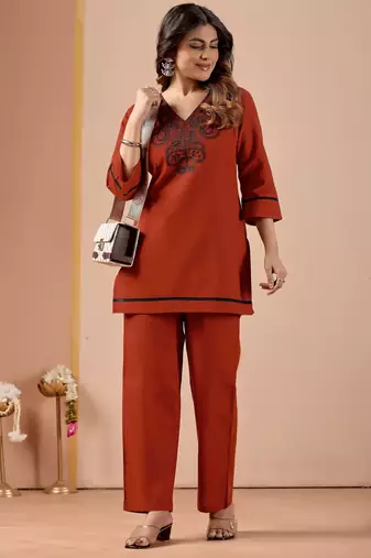 Rust color cotton flex fabric designer cord set for casual girlie looks