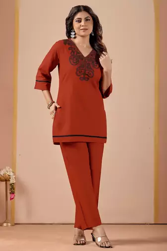 Rust color cotton flex fabric designer cord set for casual girlie looks