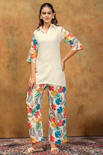 Off white color soft cotton fabric designer cord set for casual girlie looks