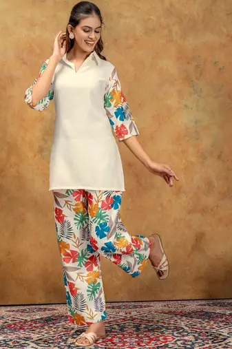 Off white color soft cotton fabric designer cord set for casual girlie looks