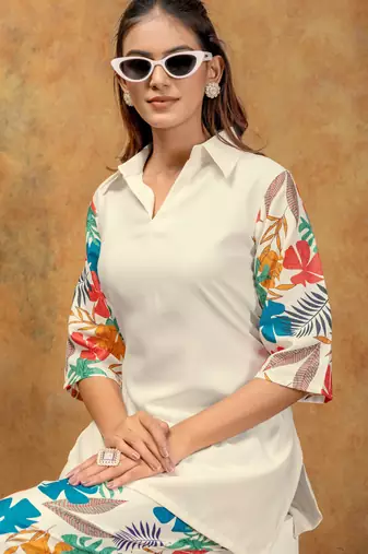 Off white color soft cotton fabric designer cord set for casual girlie looks