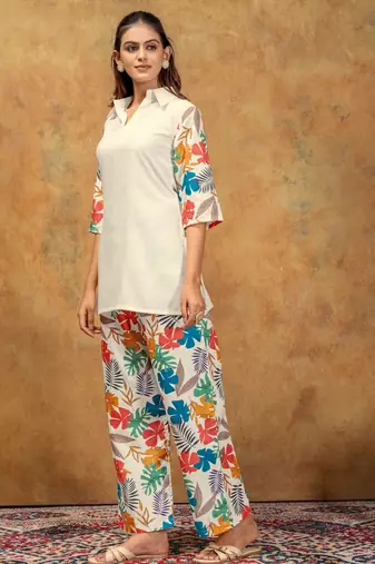 Off white color soft cotton fabric designer cord set for casual girlie looks
