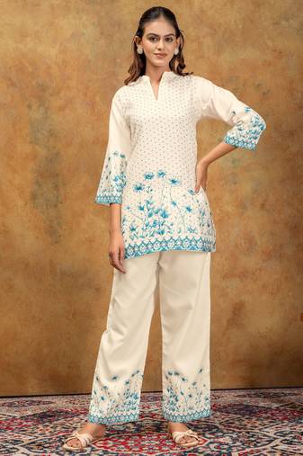 Teal color soft cotton fabric designer cord set for casual girlie looks
