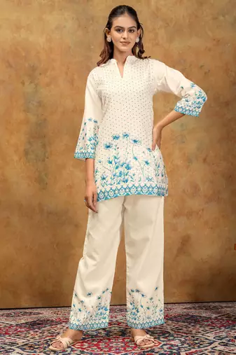Teal color soft cotton fabric designer cord set for casual girlie looks