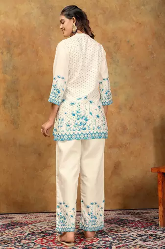 Teal color soft cotton fabric designer cord set for casual girlie looks