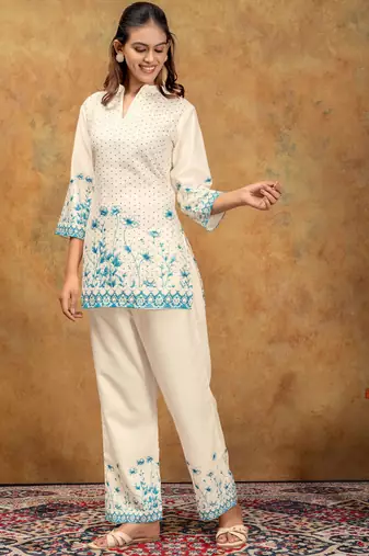 Teal color soft cotton fabric designer cord set for casual girlie looks