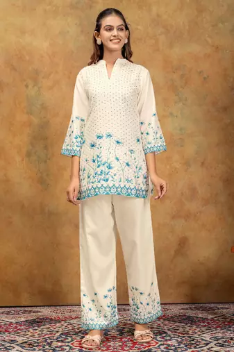 Teal color soft cotton fabric designer cord set for casual girlie looks