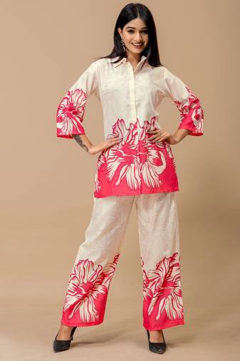 Pink color soft cotton fabric designer cord set for casual girlie looks