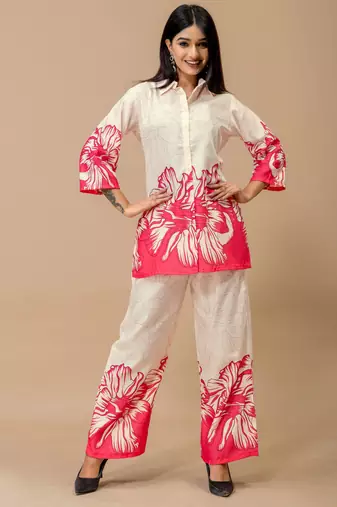 Pink color soft cotton fabric designer cord set for casual girlie looks