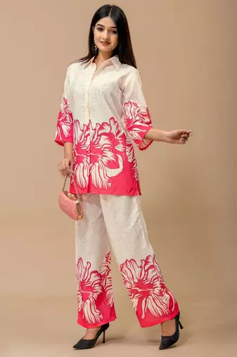 Pink color soft cotton fabric designer cord set for casual girlie looks