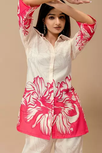 Pink color soft cotton fabric designer cord set for casual girlie looks