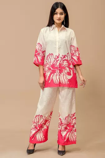 Pink color soft cotton fabric designer cord set for casual girlie looks