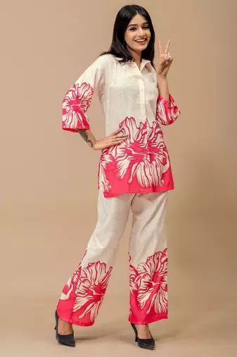 Pink color soft cotton fabric designer cord set for casual girlie looks