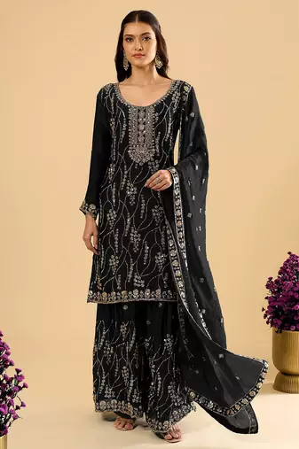 Black color heavy embroidered fendy silk fabric readymade palazzo suit for ceremonial wear