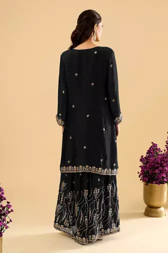 Black color heavy embroidered fendy silk fabric readymade palazzo suit for ceremonial wear