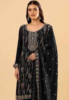 Black color heavy embroidered fendy silk fabric readymade palazzo suit for ceremonial wear 3