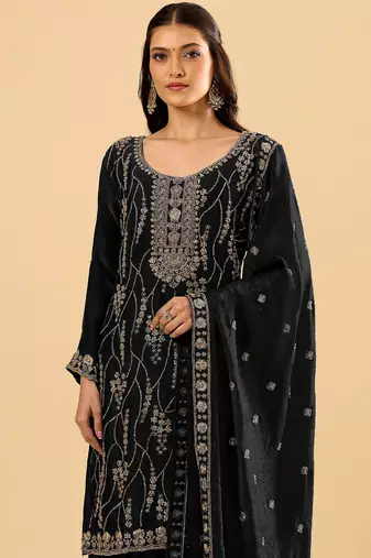 Black color heavy embroidered fendy silk fabric readymade palazzo suit for ceremonial wear