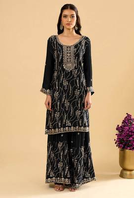 Black color heavy embroidered fendy silk fabric readymade palazzo suit for ceremonial wear 4