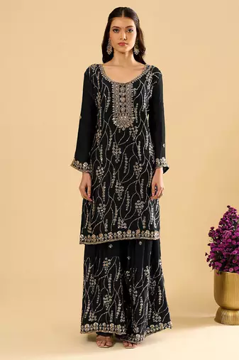 Black color heavy embroidered fendy silk fabric readymade palazzo suit for ceremonial wear