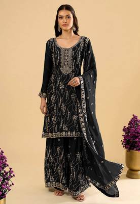 Black color heavy embroidered fendy silk fabric readymade palazzo suit for ceremonial wear 5