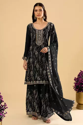 Black color heavy embroidered fendy silk fabric readymade palazzo suit for ceremonial wear