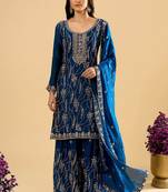 Blue color heavy embroidered fendy silk fabric readymade palazzo suit for ceremonial wear