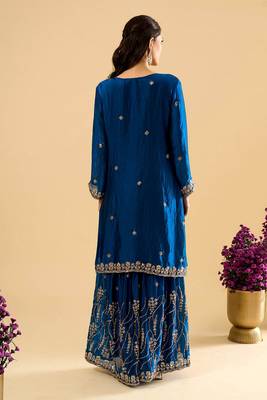 Blue color heavy embroidered fendy silk fabric readymade palazzo suit for ceremonial wear 2