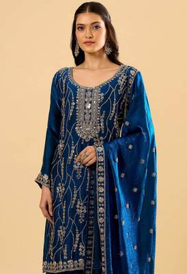 Blue color heavy embroidered fendy silk fabric readymade palazzo suit for ceremonial wear 3