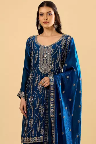 Blue color heavy embroidered fendy silk fabric readymade palazzo suit for ceremonial wear