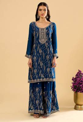 Blue color heavy embroidered fendy silk fabric readymade palazzo suit for ceremonial wear 4