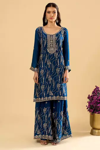 Blue color heavy embroidered fendy silk fabric readymade palazzo suit for ceremonial wear