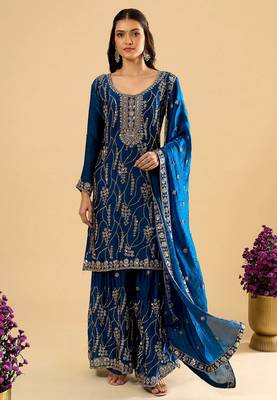 Blue color heavy embroidered fendy silk fabric readymade palazzo suit for ceremonial wear 5