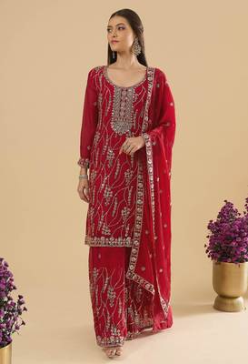 Maroon color heavy embroidered fendy silk fabric readymade palazzo suit for ceremonial wear 1