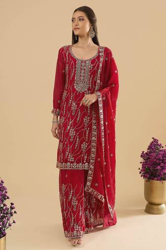 Maroon color heavy embroidered fendy silk fabric readymade palazzo suit for ceremonial wear