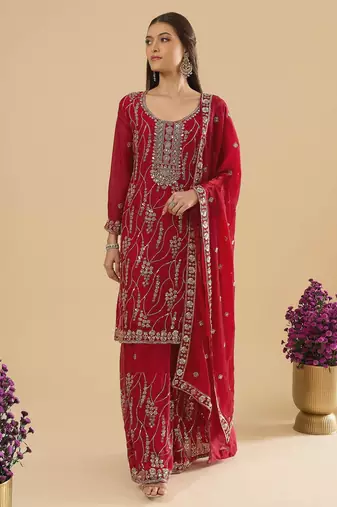 Maroon color heavy embroidered fendy silk fabric readymade palazzo suit for ceremonial wear