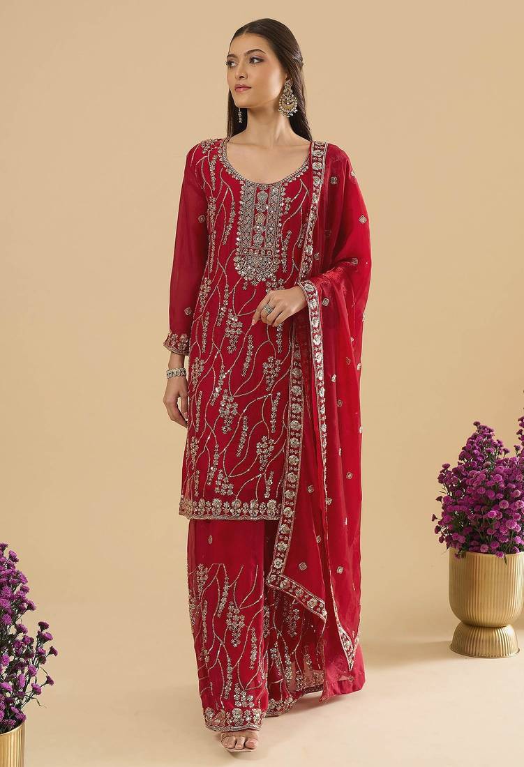 Maroon color heavy embroidered fendy silk fabric readymade palazzo suit for ceremonial wear