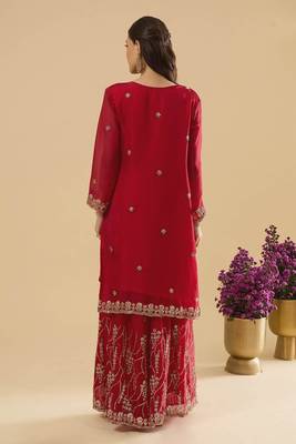 Maroon color heavy embroidered fendy silk fabric readymade palazzo suit for ceremonial wear 2