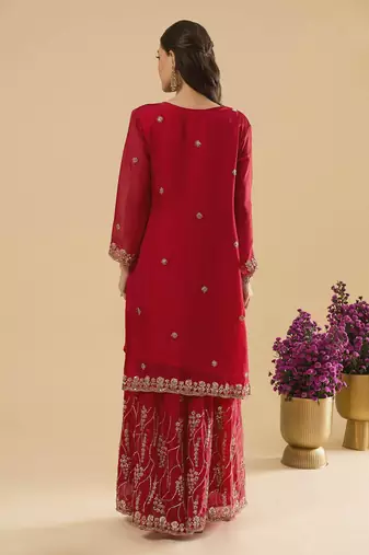 Maroon color heavy embroidered fendy silk fabric readymade palazzo suit for ceremonial wear