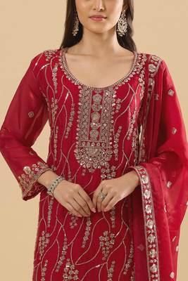 Maroon color heavy embroidered fendy silk fabric readymade palazzo suit for ceremonial wear 3