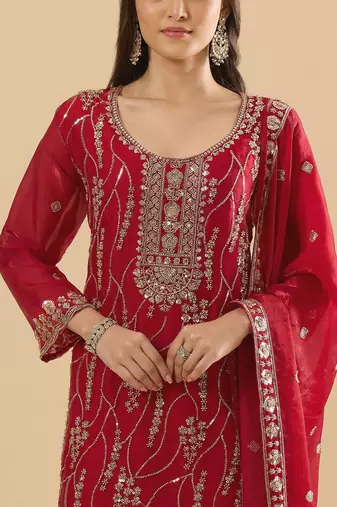 Maroon color heavy embroidered fendy silk fabric readymade palazzo suit for ceremonial wear