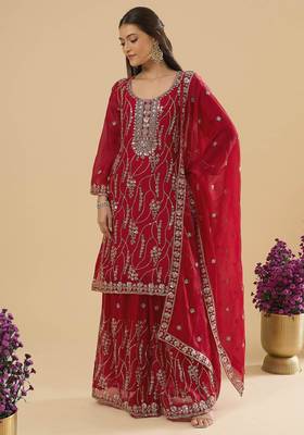 Maroon color heavy embroidered fendy silk fabric readymade palazzo suit for ceremonial wear 4